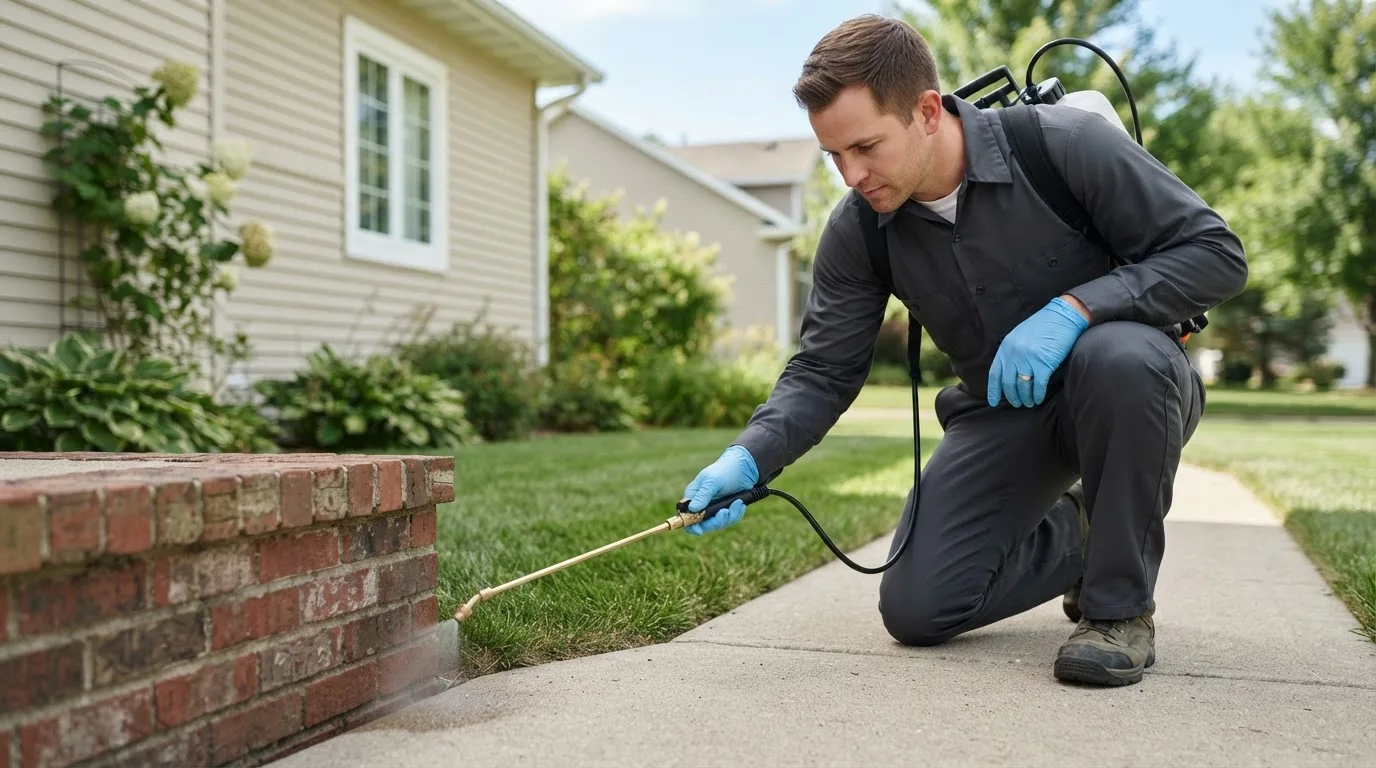 Pest control technician treating a home near West Mansfield, OH