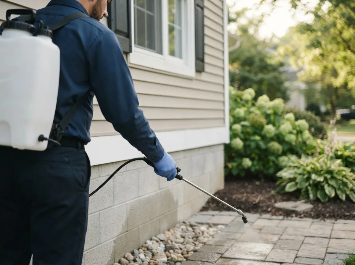 Pest control technician inspecting a home in West Mansfield, OH